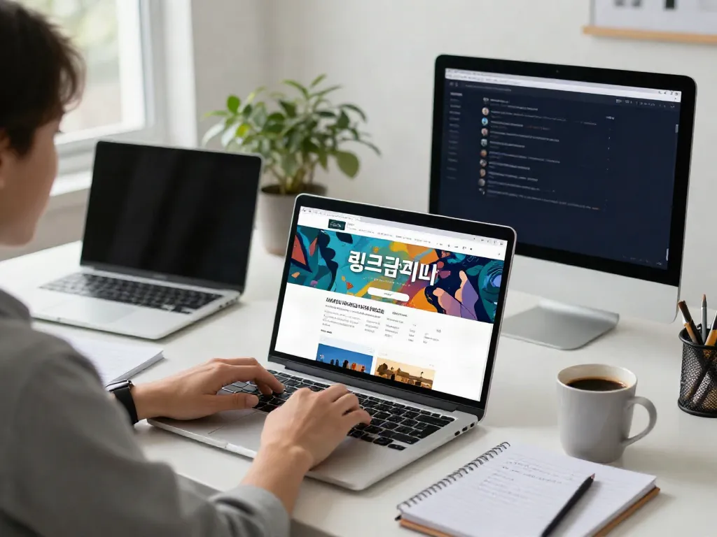 The user exploring diverse 링크사이트 options in a cozy home office.