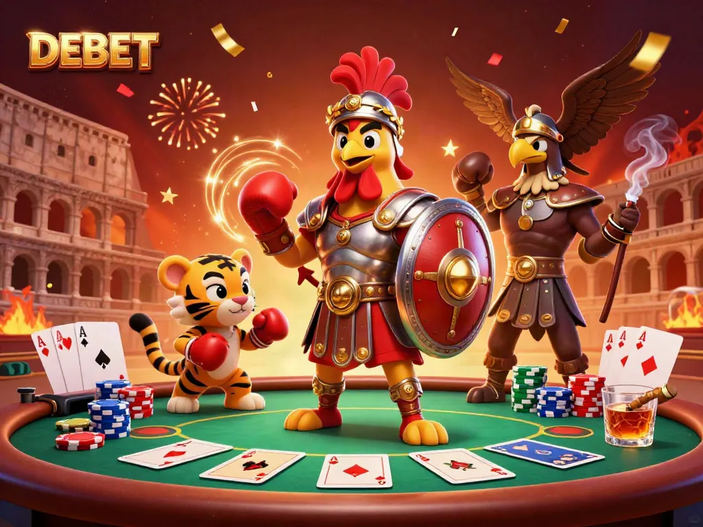 Experience DEBET action with a vibrant 3D gladiator rooster excitingly surrounded by poker elements and festive elements.