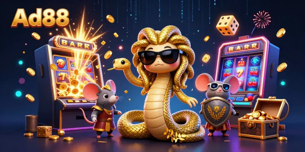 Experience thrilling fun with Ad88 in a vibrant casino environment featuring Medusa and a warrior mouse.