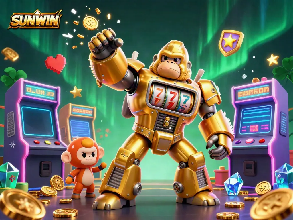 SUNWIN gaming scene highlighting fun with a golden mech gorilla and vibrant arcade elements