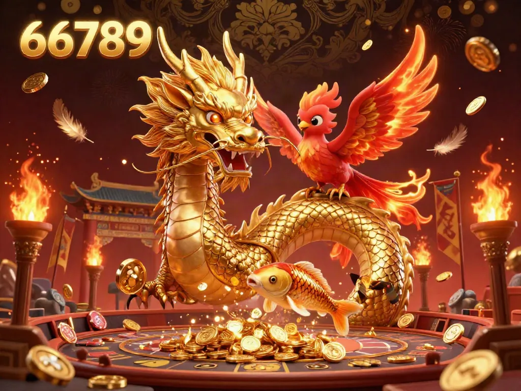 Experience the thrill of 66789 with a golden dragon and phoenix in a vibrant casino scene.