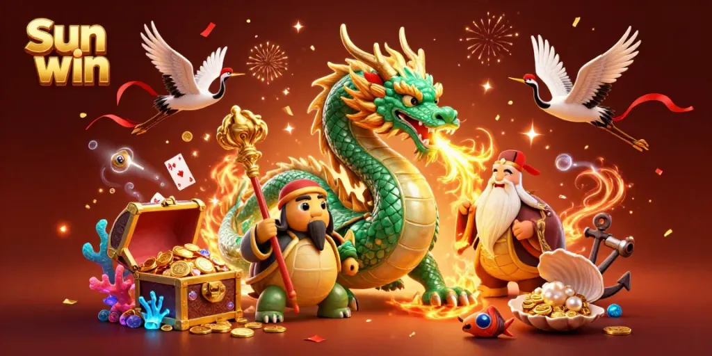 Experience thrill with Sun win in a vibrant scene of a jade dragon and golden turtle sage among dynamic casino treasures.