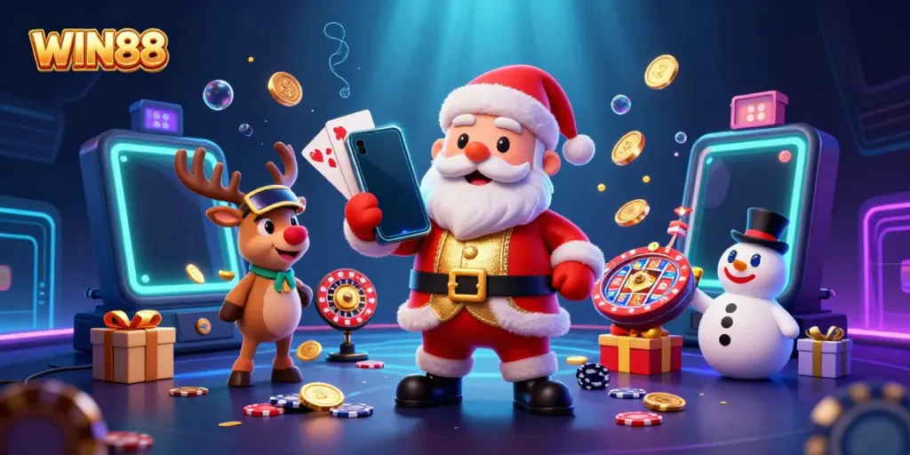 Engaging scene featuring WIN88 with Santa, reindeer, and snowman celebrating casino gaming.