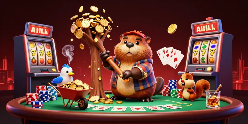 The plush environment of tk88-bet showcases a lively scene where a beaver collects golden coins amidst dynamic gaming elements.