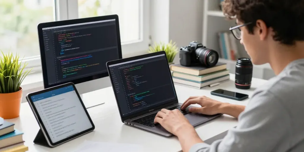 Exploring 2113 Apps on a laptop in a vibrant workspace filled with tech gadgets