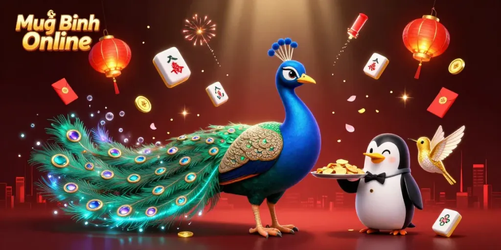 Mậu Binh Online showcases a vibrant scene with a peacock, penguin butler, and hummingbird celebrating with casino elements.