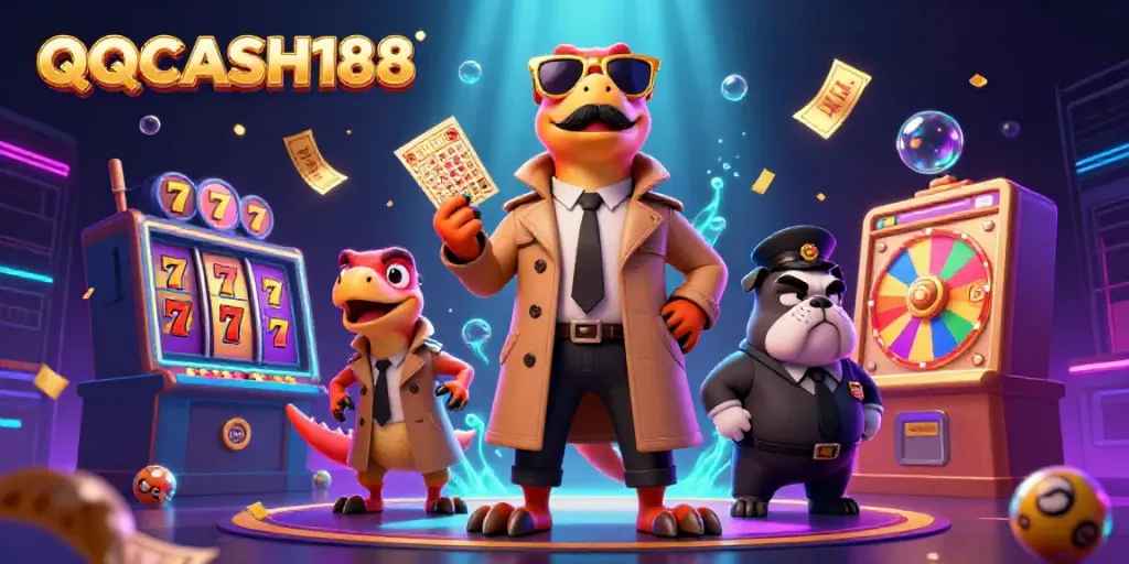 Engage with QQCASH188's thrilling slot experience featuring playful raptors in a trench coat at a futuristic casino.