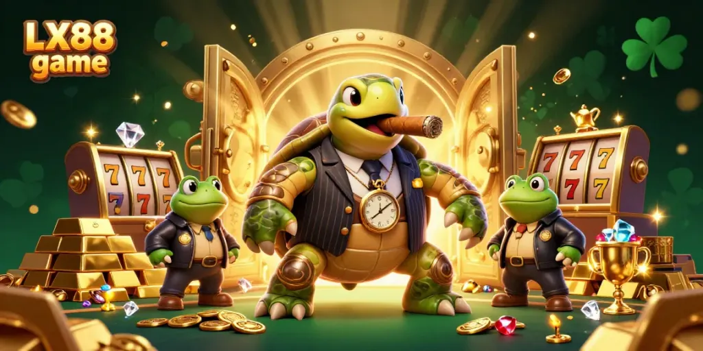 LX88 game vibrant illustration showcasing a casino scene with characters celebrating near treasure doors and slot reels.
