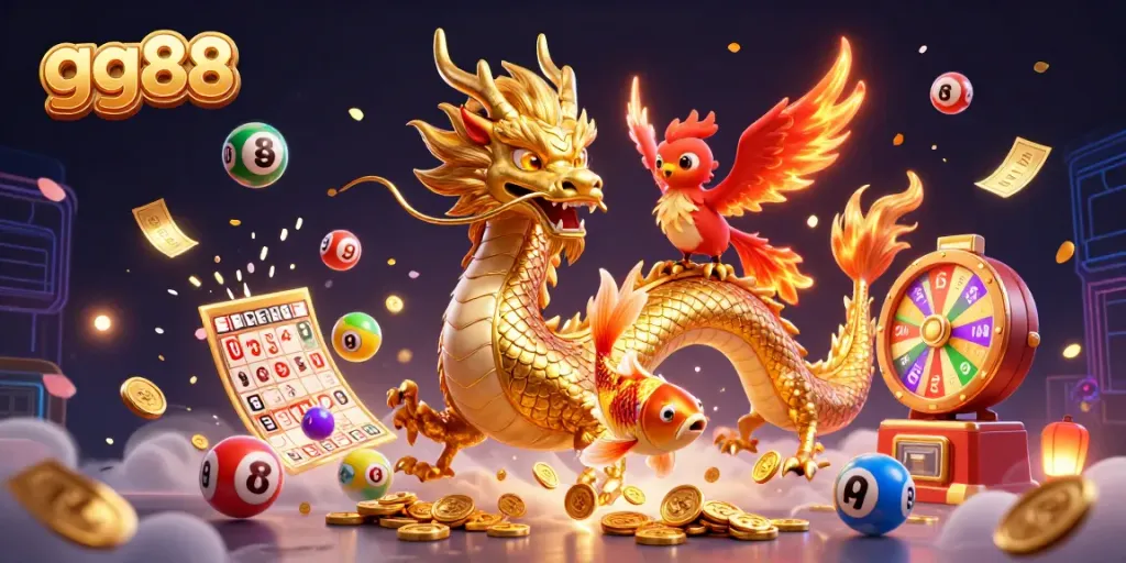 Play dynamic games with gg88 featuring a golden dragon, phoenix, and koi fish amidst exciting casino elements.