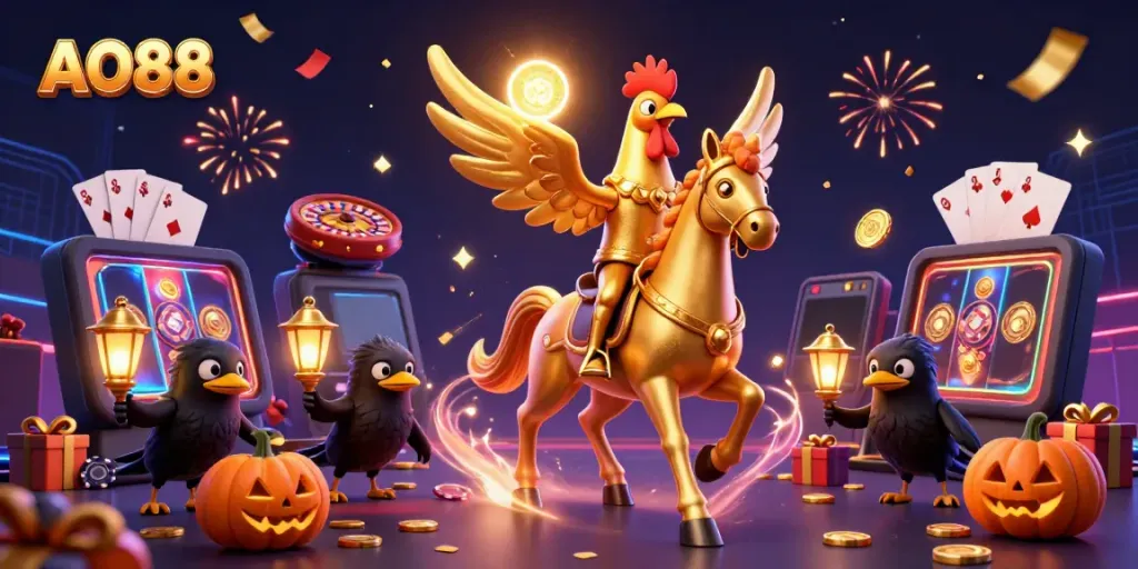 Experience the exciting world of AO88 with a golden rooster in a casino surrounded by vibrant games and colorful elements.