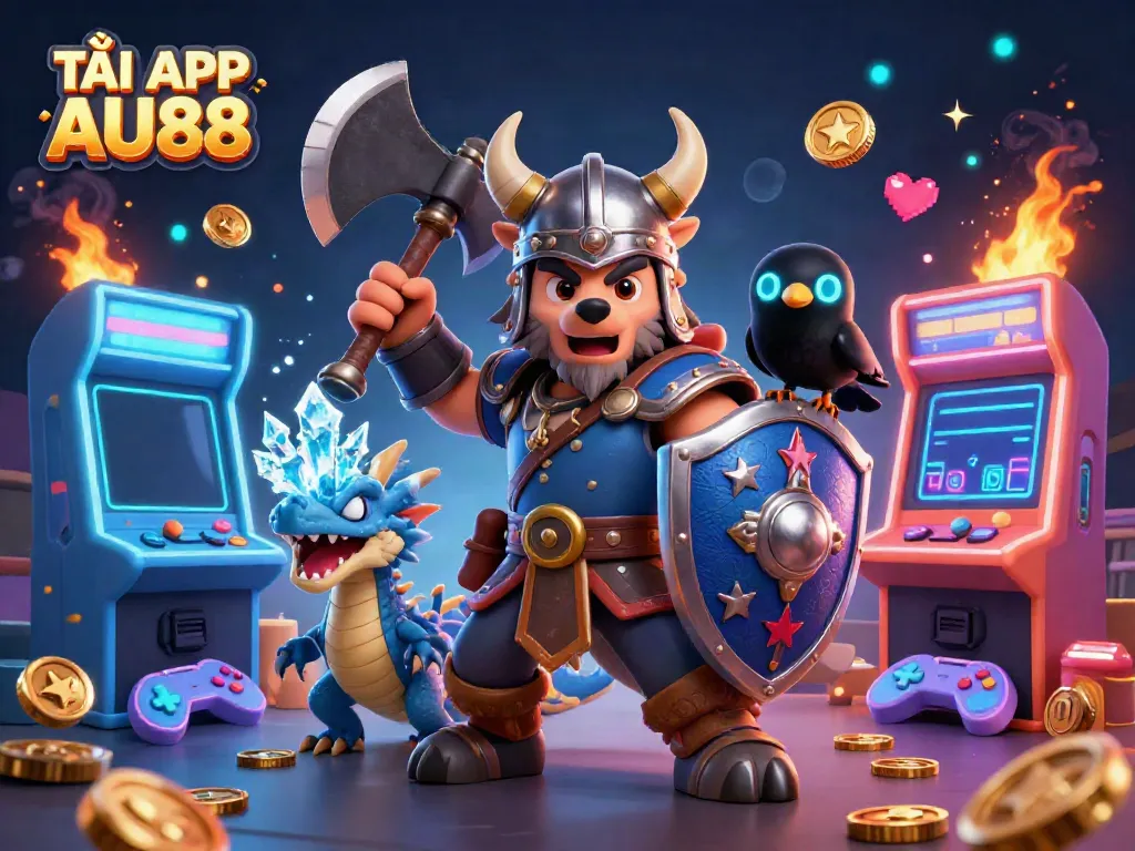 TẢI APP AU88 to access exciting gaming experiences with a Viking warrior and dragon in a vivid scene.