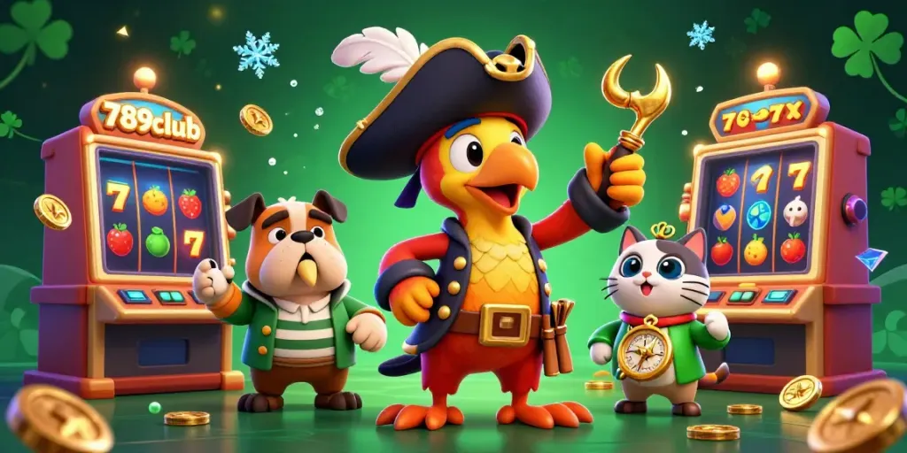 Engage with the vibrant casino gameplay of 789club, featuring animated 3D characters in a lively slot machine scene.