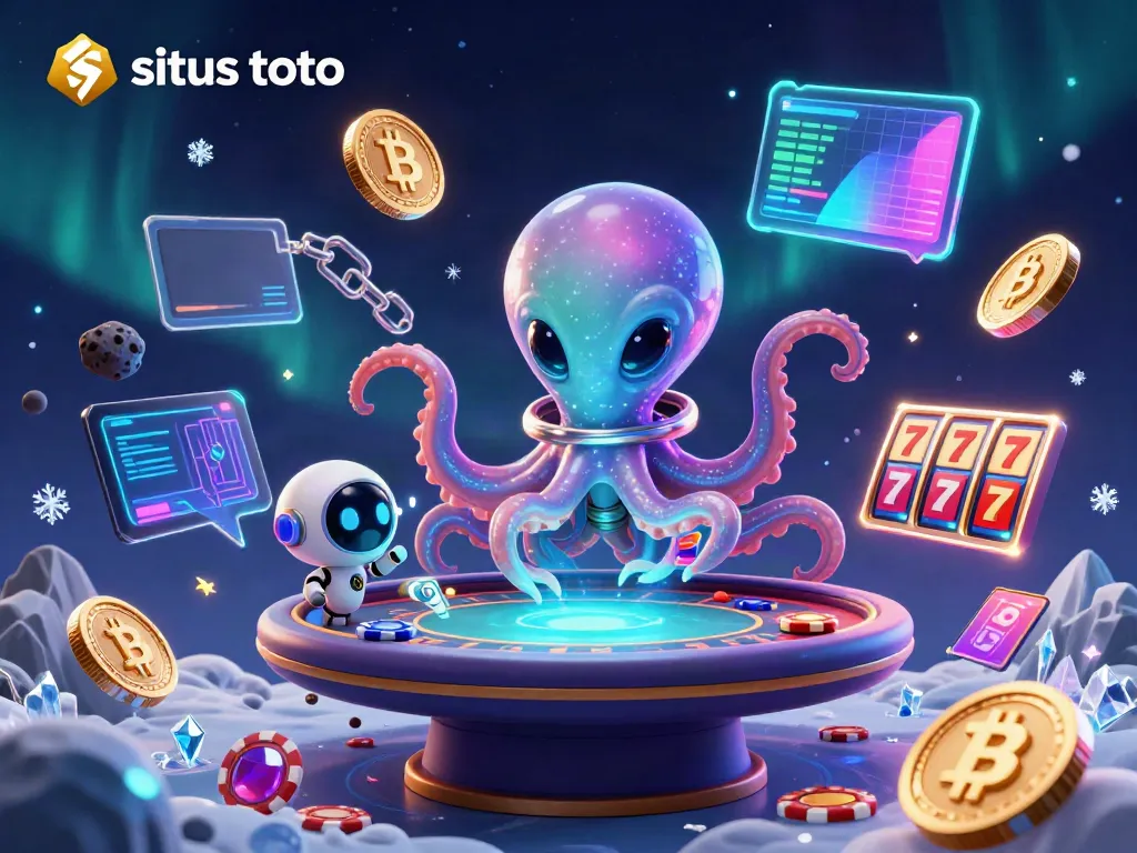 Experience thrilling gameplay with situs toto in this vibrant 3D casino scene featuring a playful alien octopus and energetic robot.