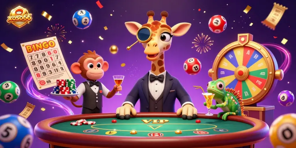 Engage with the vibrant atmosphere of xoso66 as the high-roller giraffe enjoys the casino ambiance, surrounded by colorful lottery elements.