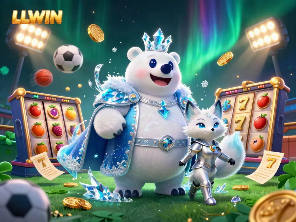 Experience the excitement of LLWIN with a 3D illustration of an ice king and fox, surrounded by slot games and sports elements.