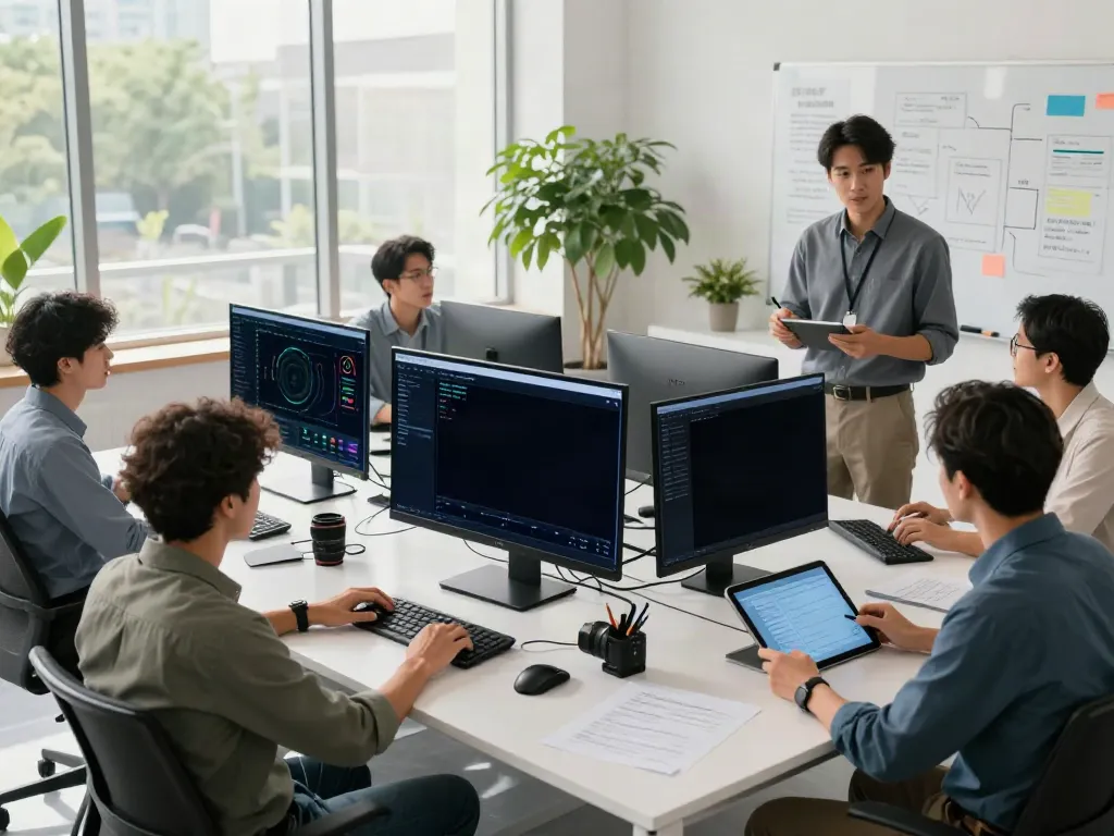 Engineers collaborating in a modern AI infrastructure workspace showcasing technology and teamwork.
