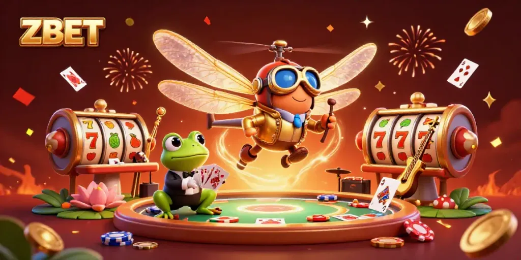 ZBET brings excitement with a vibrant dragonfly pilot, frog croupier, and jazz-playing crickets in a whimsical casino setting.