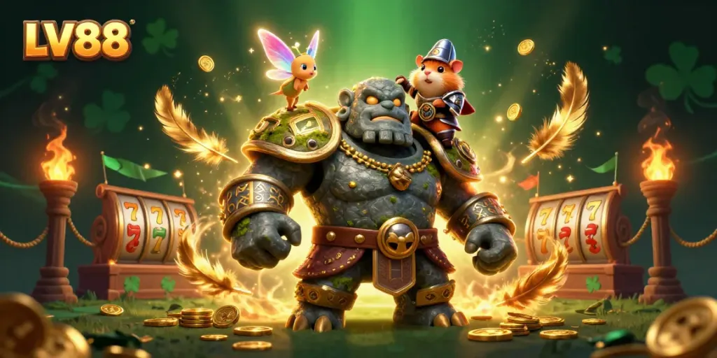 Experience the magic of LV88 with a stone golem, fairy, and hamster knight in an exhilarating casino adventure.
