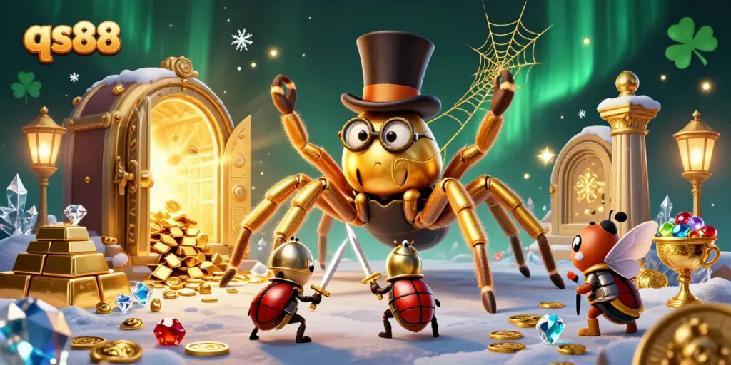 Engage with qs88: A dynamic casino scene featuring a golden tarantula and beetle knight in action.