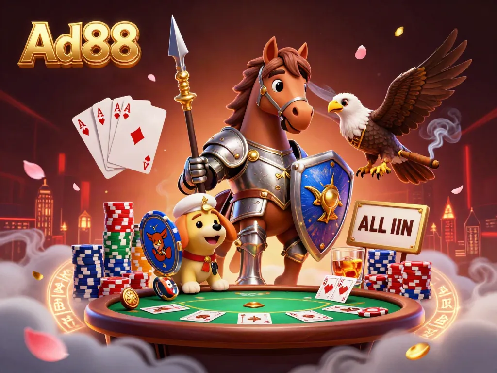 Engage in thrilling gaming action at Ad88 with knights, poker, and dynamic casino elements.