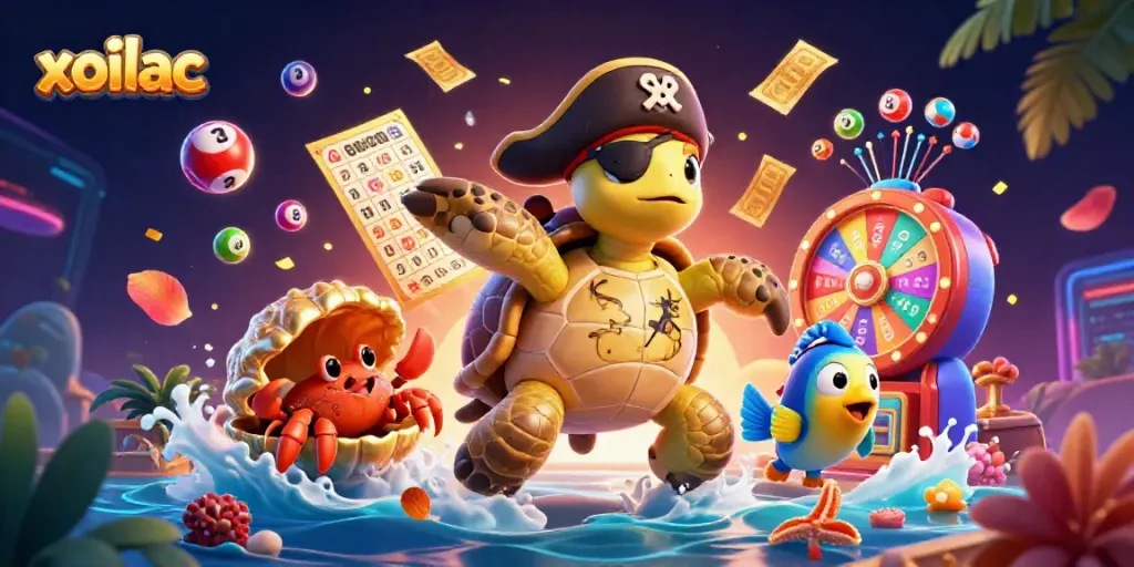 Experience excitement with xoilac as a pirate turtle and friends uncover lottery treasures in a vibrant scene.