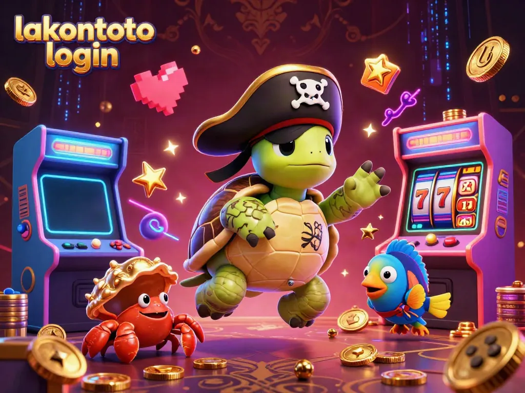 Gambarkan proses lakontoto login yang menarik dengan karakter dari kasino dan elemen permainan yang berwarna-warni.