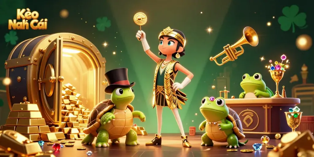 Experience Kèo Nhà Cái excitement with vibrant characters, gold treasures, and dazzling gems in a dynamic scene.