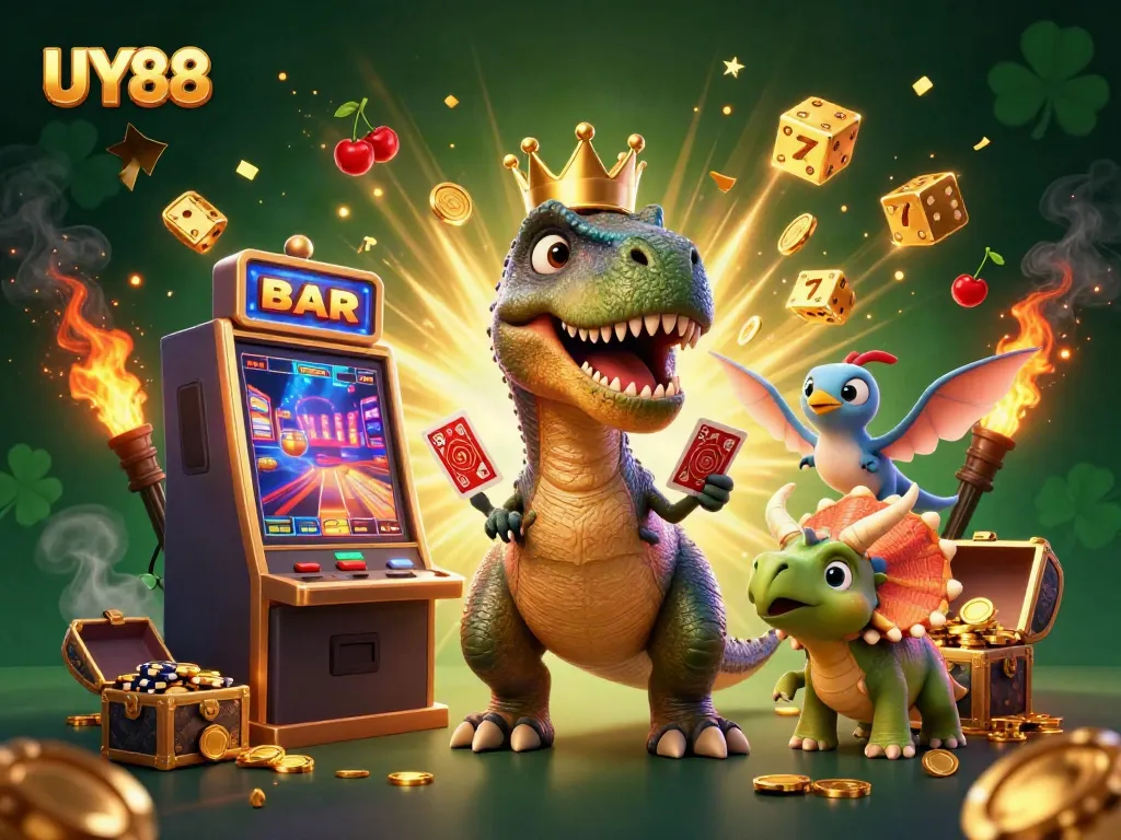 Experience UY88 through a vibrant 3D illustration featuring a T-Rex, dinosaur friends, and casino elements.