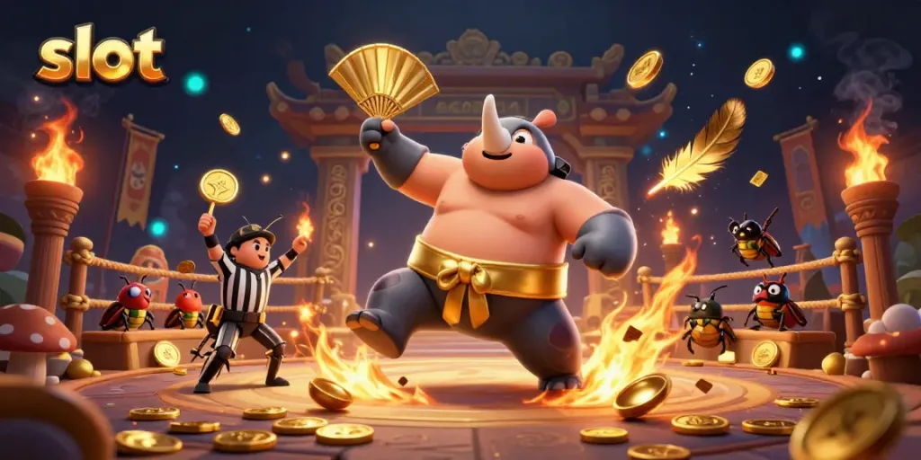 Experience vibrant slot-themed action with a beetle champion amidst flying coins and colorful elements.