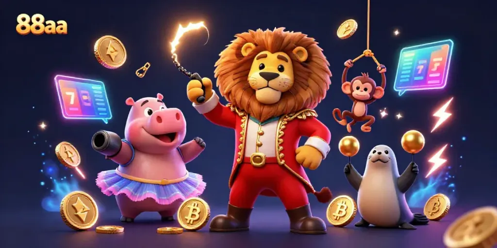 Spin the reels at 88aa with a vibrant 3D circus scene featuring energetic characters and casino symbols.
