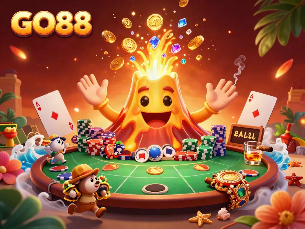 Experience the excitement of GO88 Casino as the golden volcano erupts with treasures, surrounded by poker chips and vibrant elements.