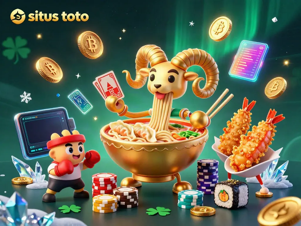 Engage with situs toto, featuring a playful 3D cartoon giant golden ramen bowl character and casino elements.