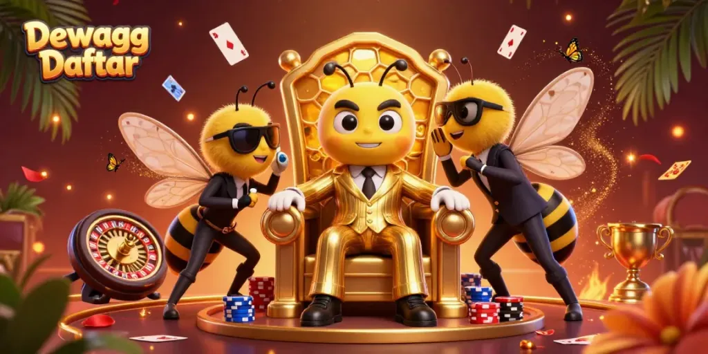 Experience immersive gaming with Dewagg Daftar in a lively 3D casino scene featuring iconic gambling elements.