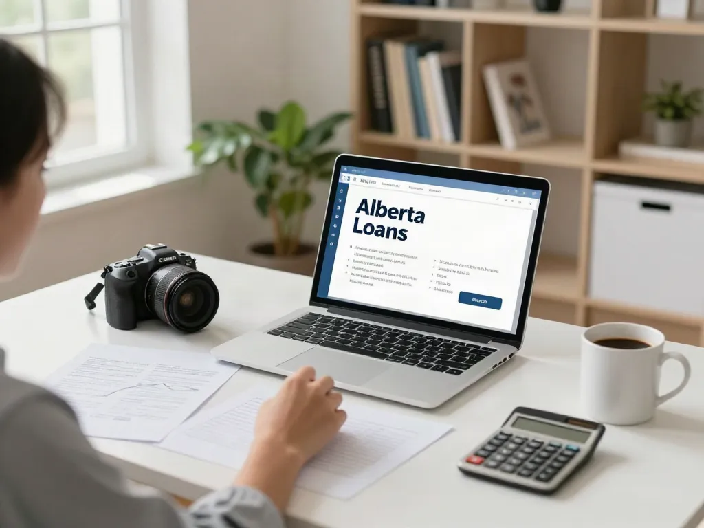 Young professional exploring Alberta loans in a bright home office.