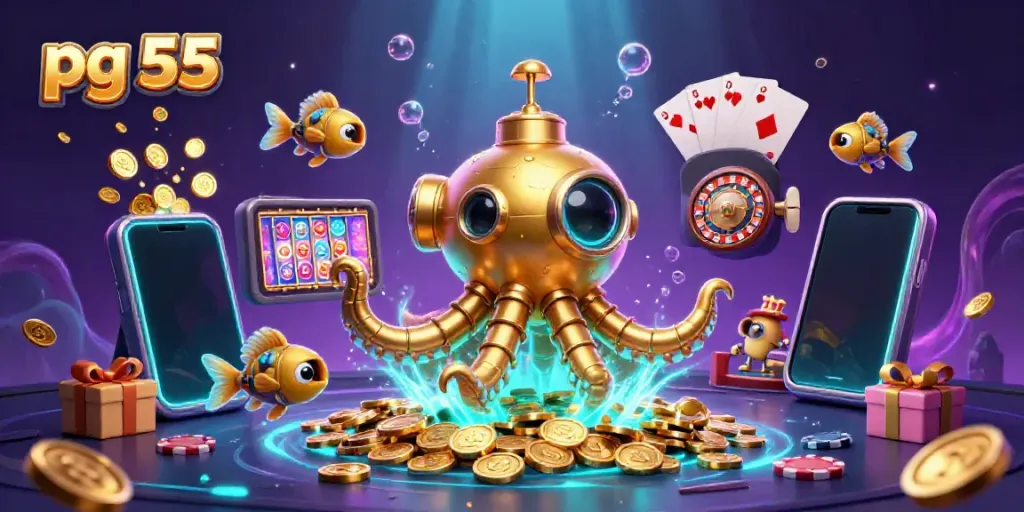 Engage in thrilling casino adventures with pg 55, featuring a golden kraken submarine amidst golden coins and casino games.