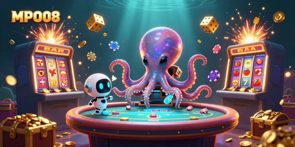 MPO08 showcases an alien octopus at a holographic poker table amidst dazzling casino games.