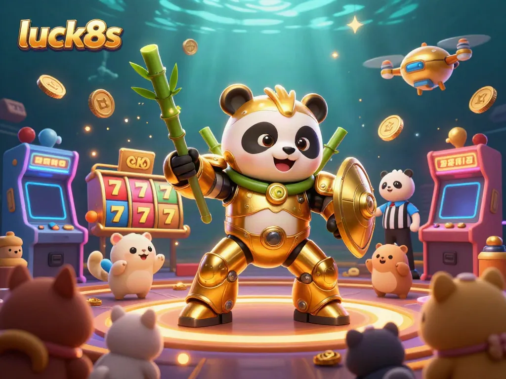 Experience the thrill of luck8s with a golden panda battling in a vibrant casino arena filled with games.