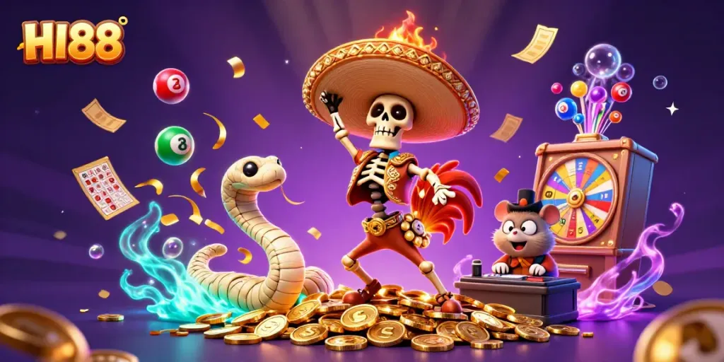 Experience HI88 thrills with a lively mariachi rooster and vibrant casino elements.