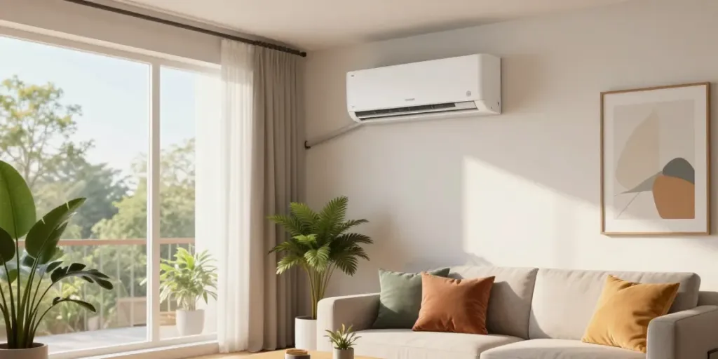 Cozy living room featuring a mini split air conditioner for efficient cooling.