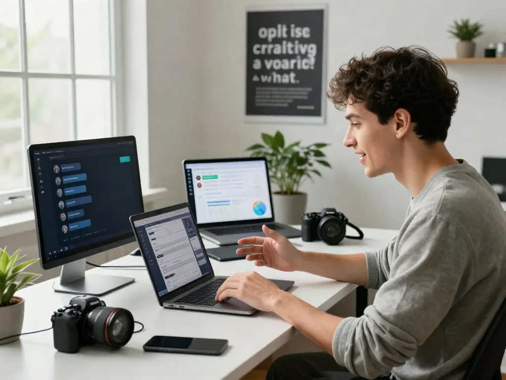 Engaging user interacting with an unfiltered AI chat platform in a modern workspace.