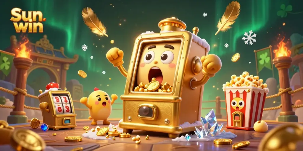 Experience the excitement of Sun win with a dynamic scene featuring celebrating slot machines and atmospheric effects.