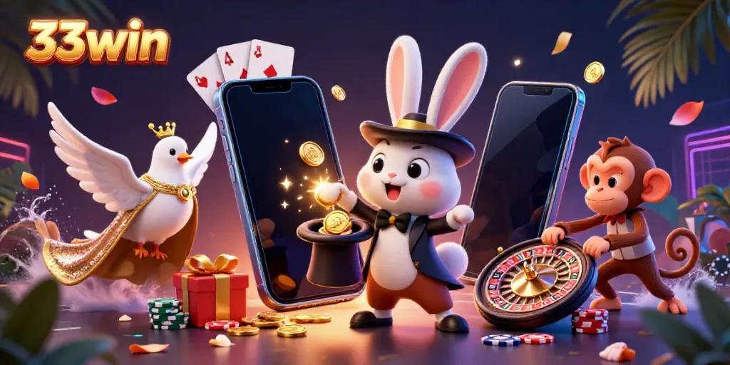 Experience the thrill of winning at 33win with vibrant casino characters and games illustrating magical slots and poker.