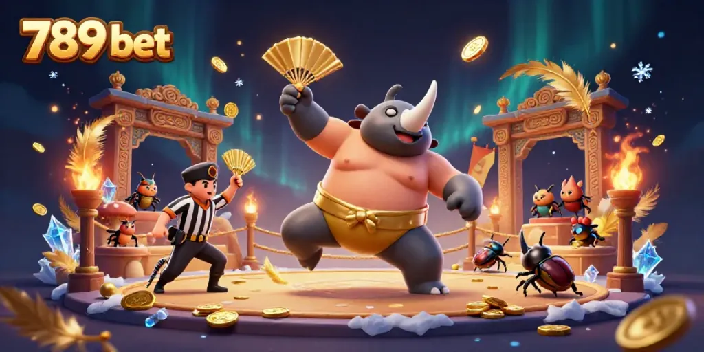 Engage with thrilling action at 789 bet, where a rhinoceros beetle sumo champion stomps to unleash golden coins in a vibrant arena.