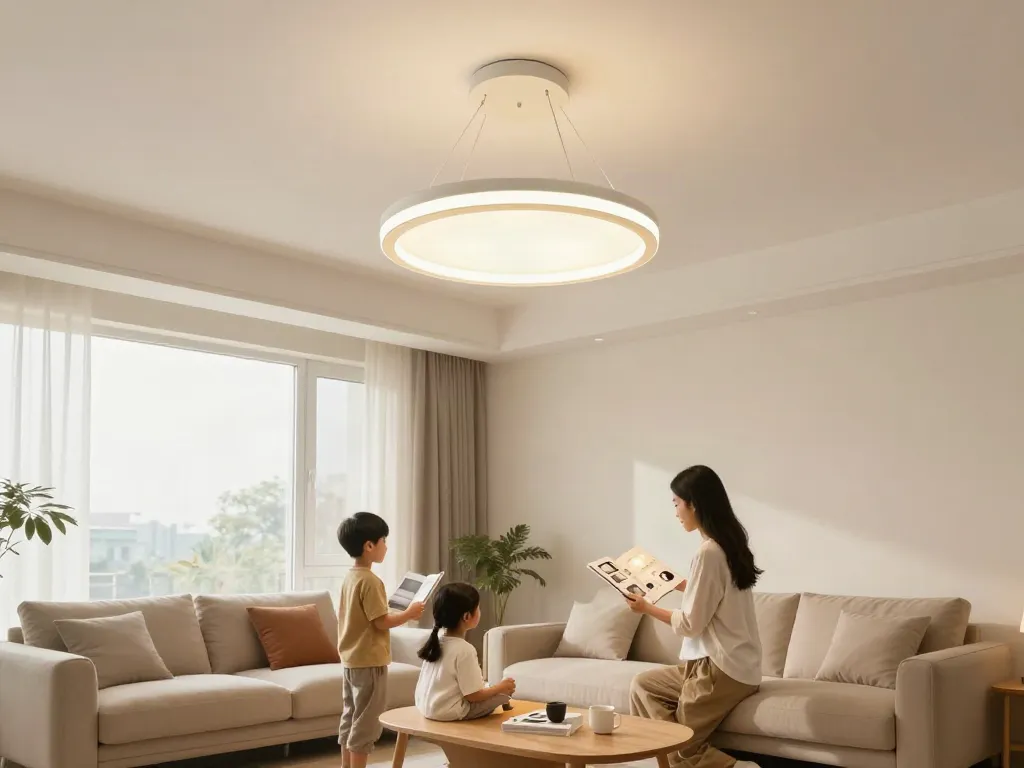lustra led vizibilă în sufrageria modernă a unei familii fericite, decorator local de încredere