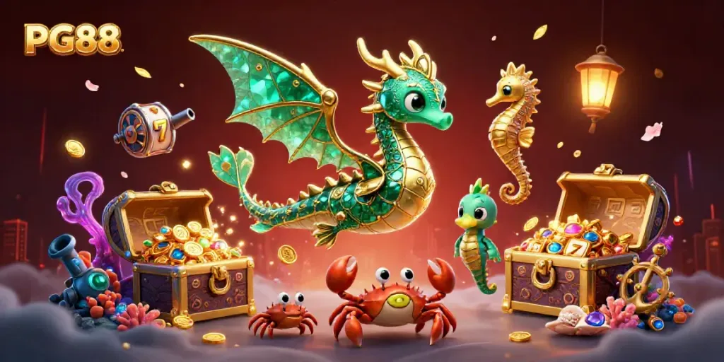 Experience the captivating world of PG88 with a stunning underwater casino scene featuring vibrant characters and gambling elements.