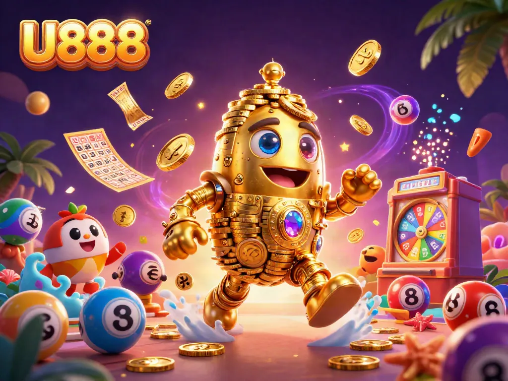 U888's vibrant gaming world comes alive with golden golem and colorful casino elements.