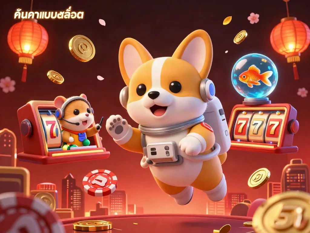 Experience the excitement of ค้นหาเกมสล็อต with a floating astronaut corgi in a dynamic casino scene.