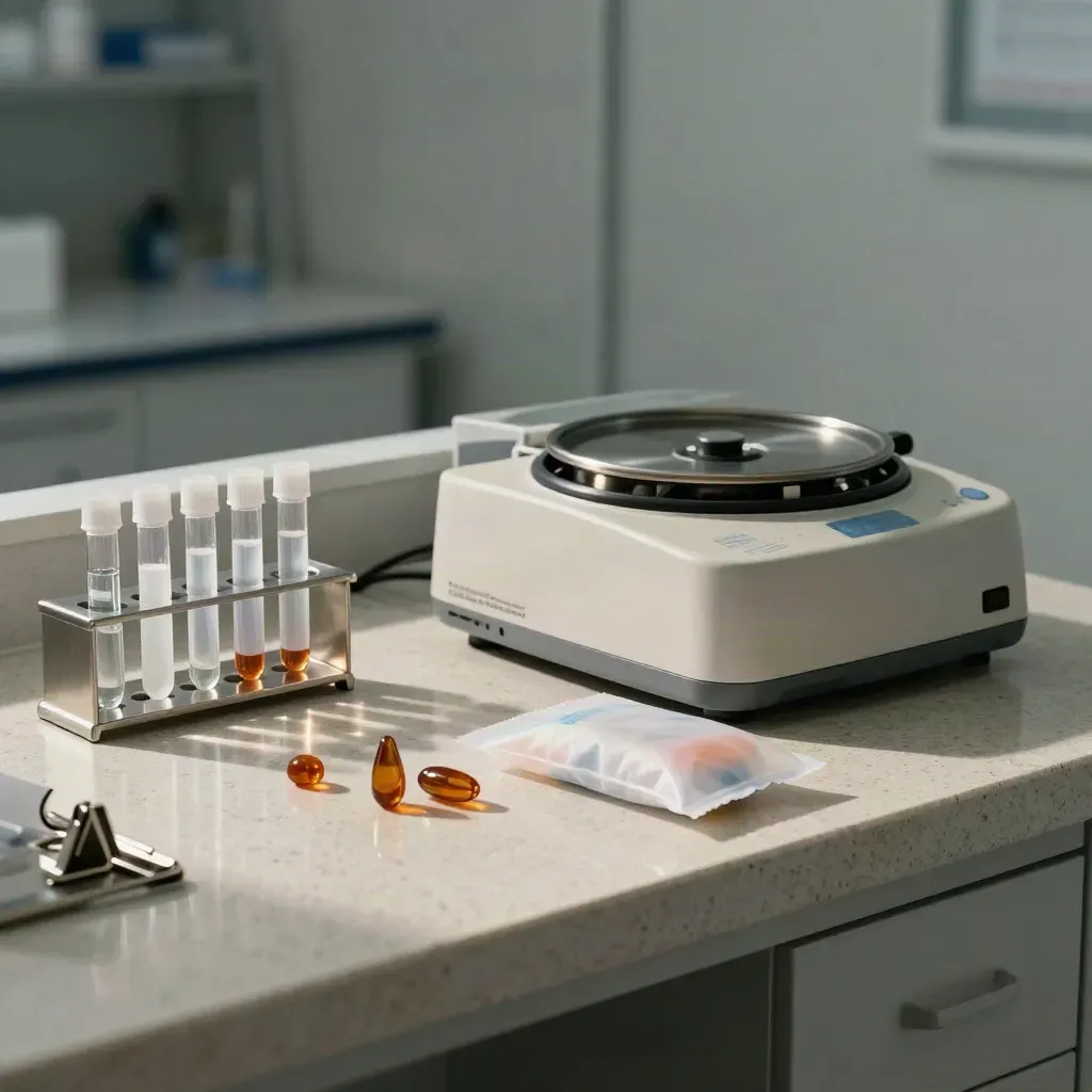 Serum tubes, centrifuge, and vial rack on a pale stone hormone lab bench