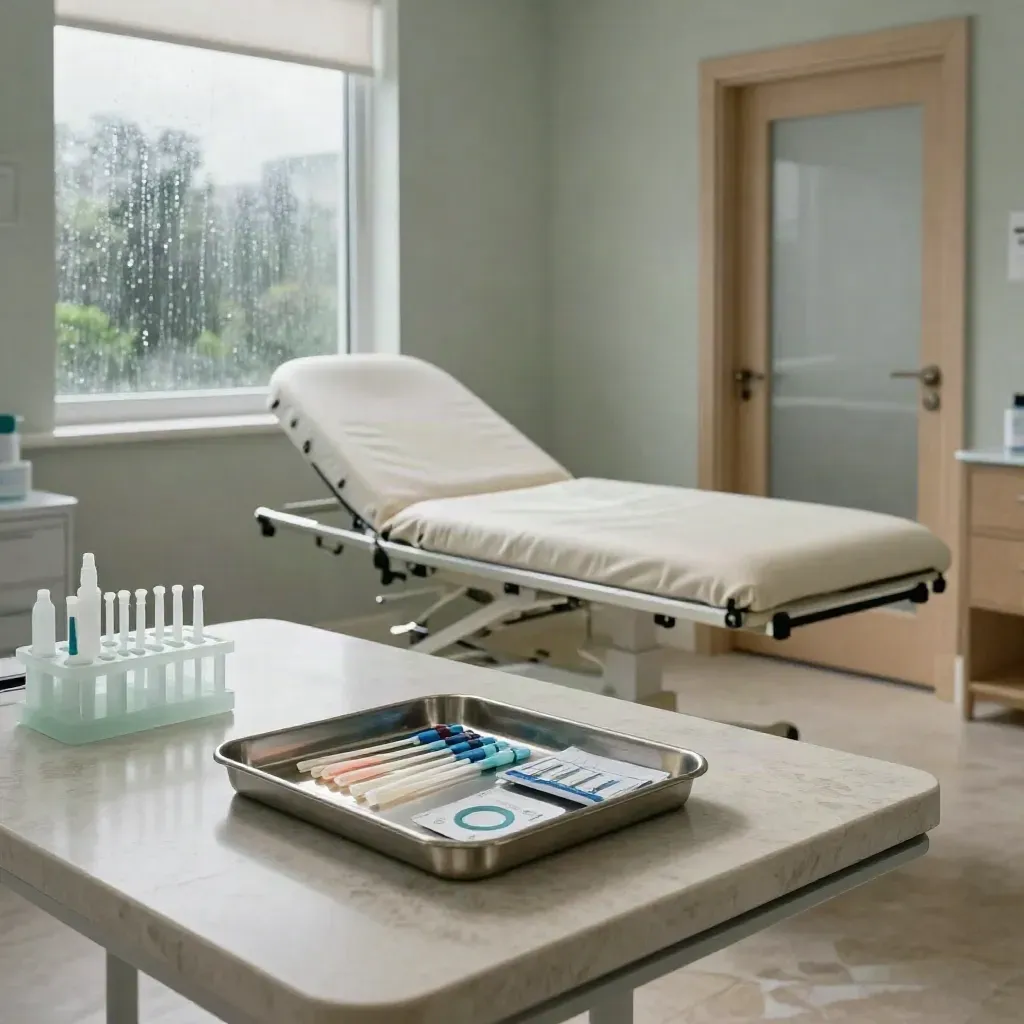 Bright women’s health exam room with exam table, specimen rack and clinical tools after rain.