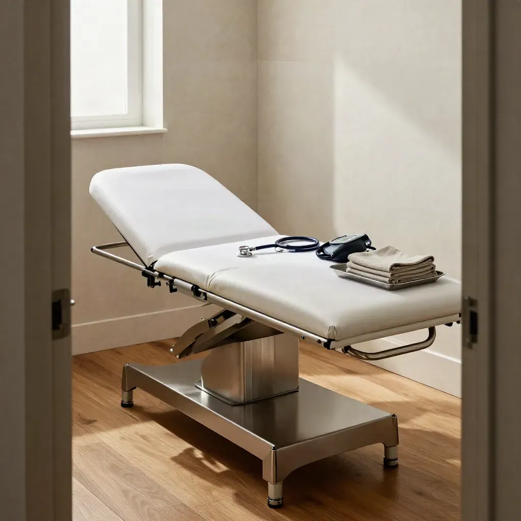 Reset annual wellness exam room with exam table, medical tools, and linen in warm daylight